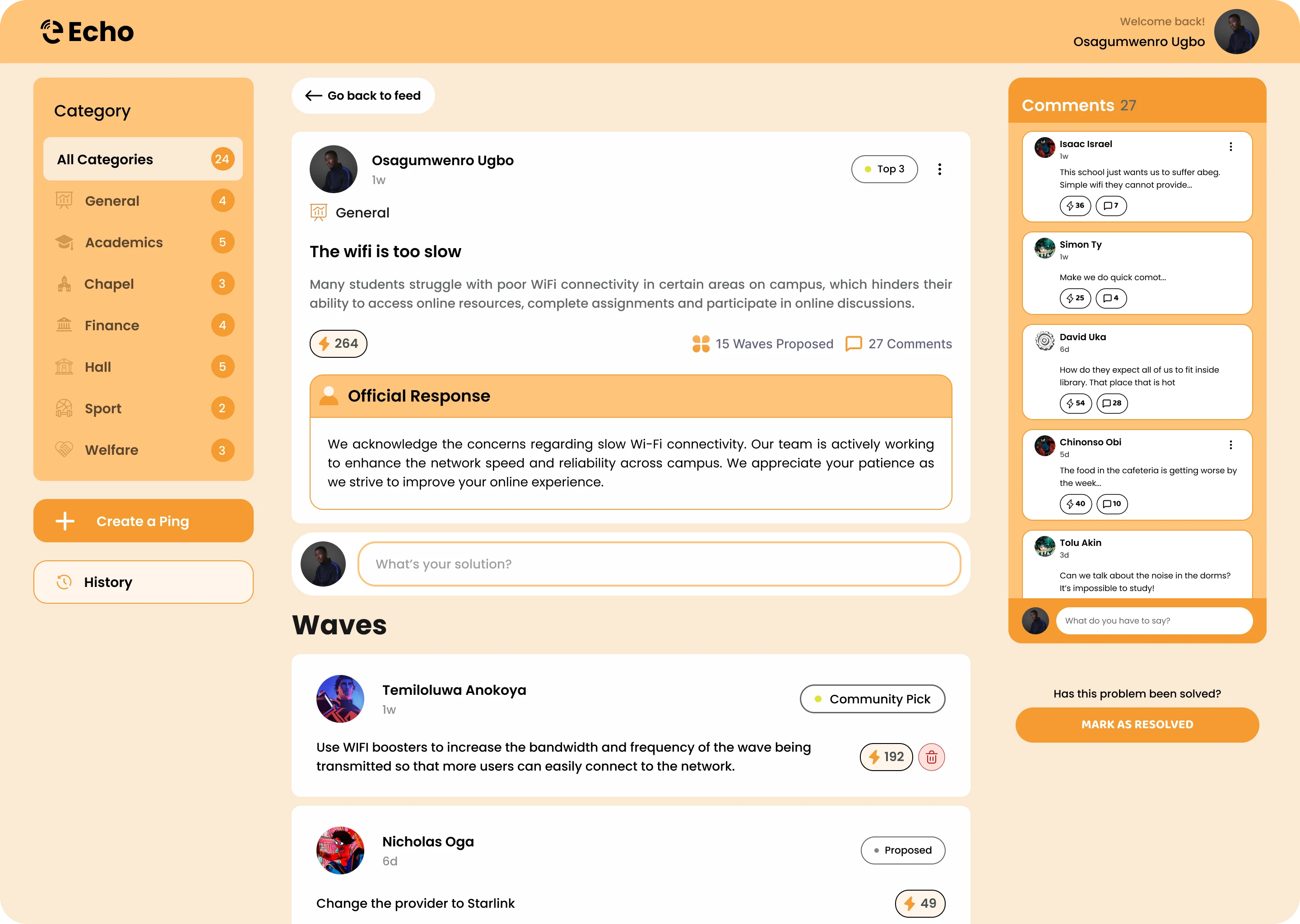 Echo student view: a screen for raising issues, rallying support, and tracking the status of a ping